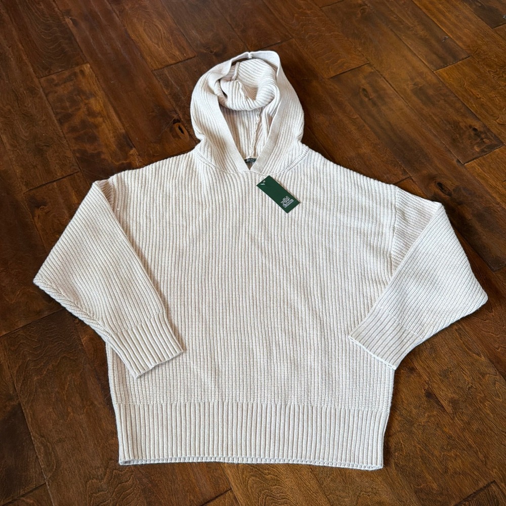 Wild Fable Womens Cream Ribbed Knit Hooded Sweater Size M NWT Beige Relaxed Fit